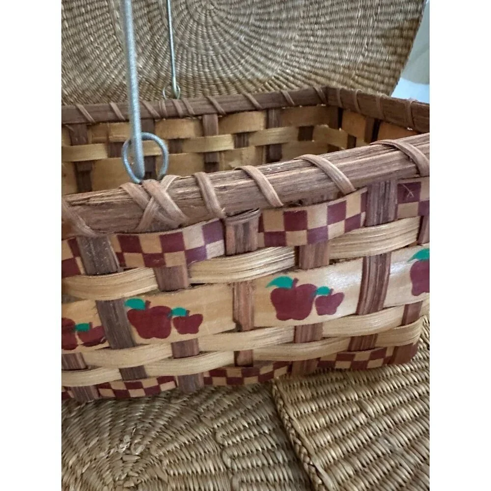 Vintage Woven Basket with Apple Design & Wooden Handle